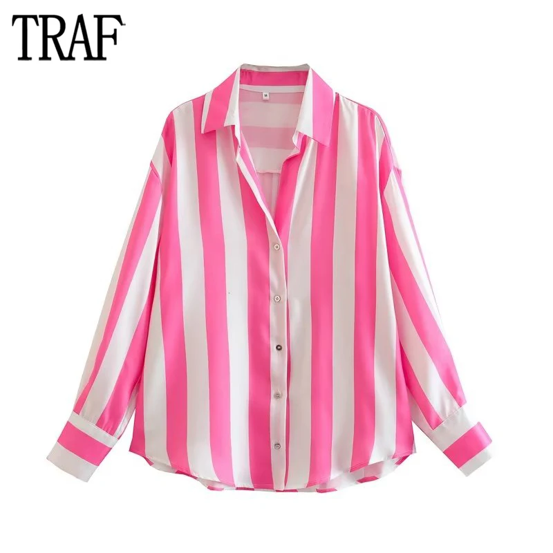 

TRAF Pink Striped Shirt Women Green Satin Blouse Female Oversize Shirts and Blouses for Women Long Sleeve Button Up Shirt Woman