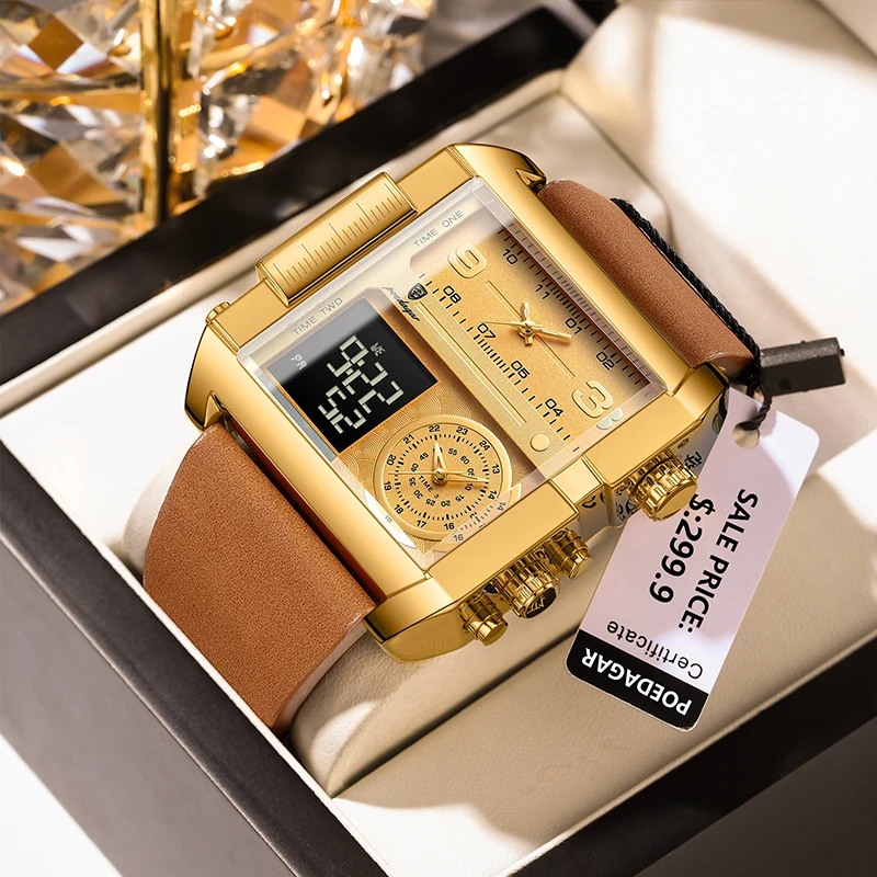 

POEDAGAR 2023 New Men Dual Display Watches Luxury Brand Fashion Square Luminous Waterproof Watch For Man Genuine Leather Clock