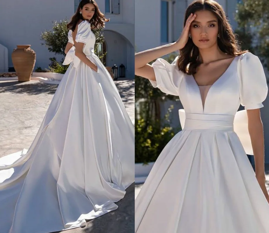 

White Satin Wedding Dresses 2023 Short Sleeves Puff Backless A-line Bridal Gowns For Women Robe De Marie Vestidos Noiva