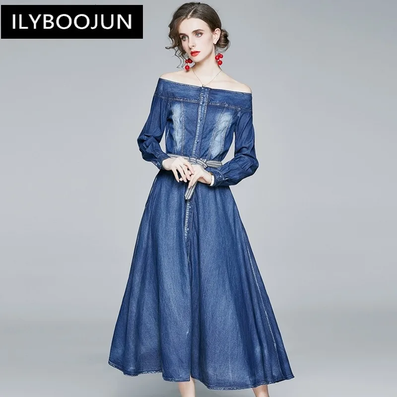 

Women Autumn Vintage Denim Dress Festa High Quality Long Elegant Party Robe Femme Slash Neck Designer A-line Vestidos