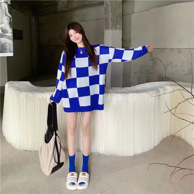 Autumn Winter Sweater Women Korean Fashion Plaid O-Neck Pullovers Streetwear Oversized Sweate Jumper Warm Long Sleeve Top