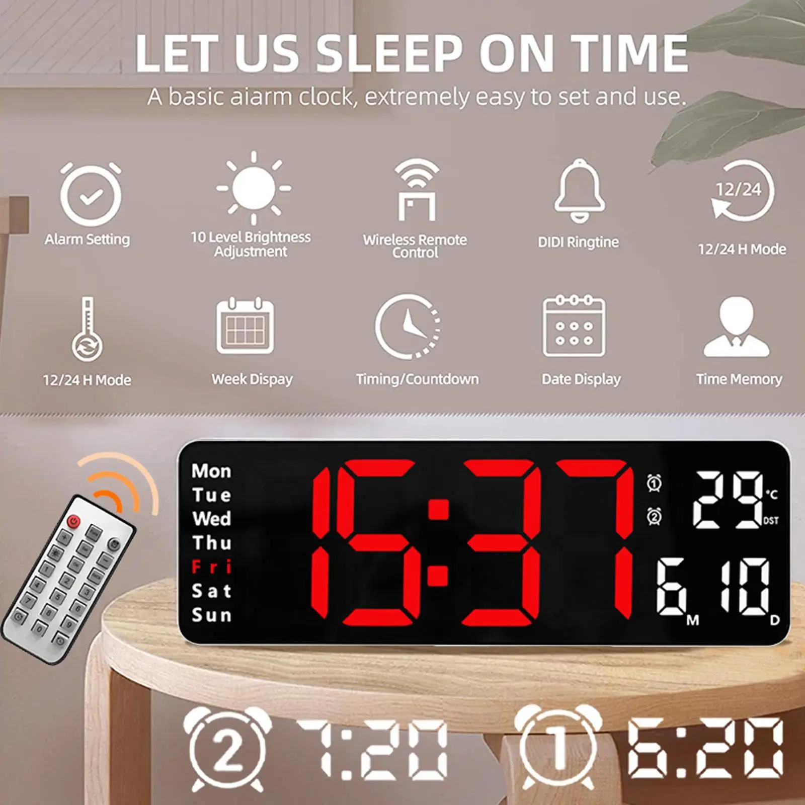 

Wall-mounted Digital Wall Clock Remote Control Date Week Display Power Off Memory Table Clock Dual Alarms Large LED Clocks Temp