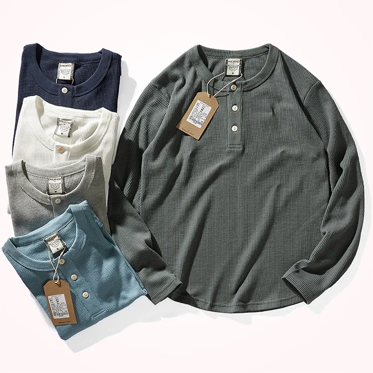 

Осенне-зимняя американская Ретро толстая футболка с вафельным воротником мужская мода из чистого хлопка с длинными рукавами повседневные ...