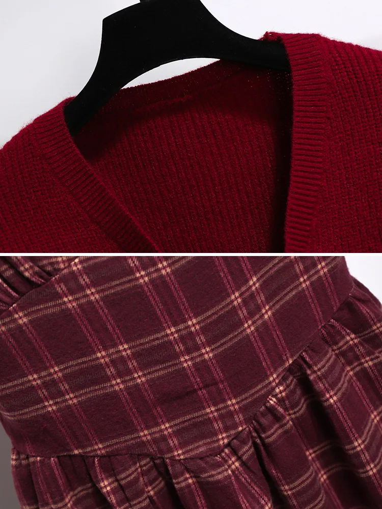 French sle Retro Red Knit cardigan with Plaid Sling Dress Two-Piece Women Autumn and Winter A Complete Set Wear |