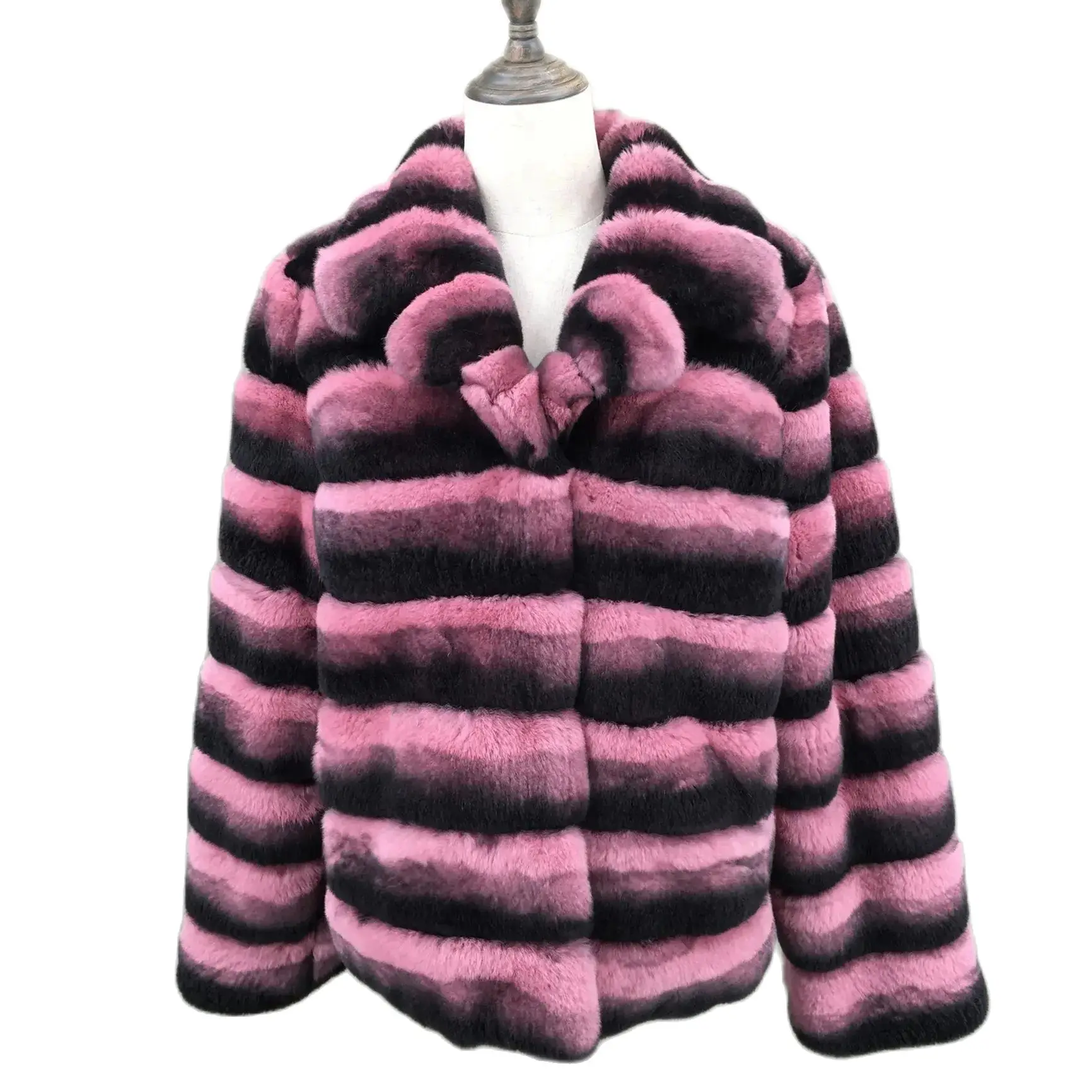 

Real Rex Rabbit Fur Coat With Lapel 220607 Purple Stripe Brown Color 2023 Luxurious Chinchilla Fur Crop Jacket