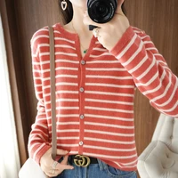spring and autumn ladies basic round neck knit sweater cardigan fashion stripe contrast color casual chic versatile button top