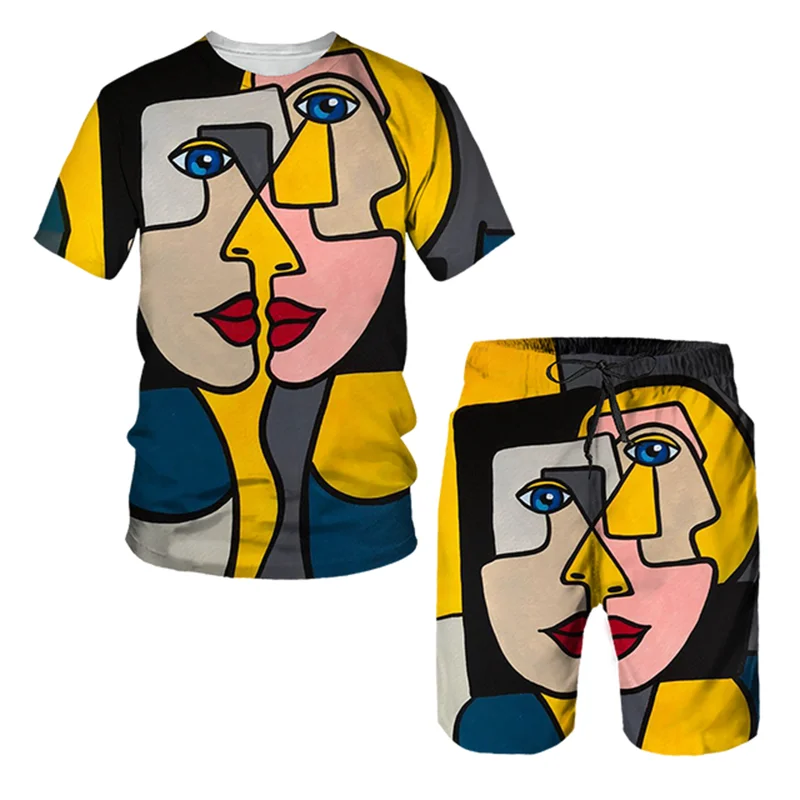 Abstract Characters Pattern T Shirt For Men Casual Shorts Funny Harajuku Streetwear Fashion Short Sleeve Tops 2 Piece Outfit Set