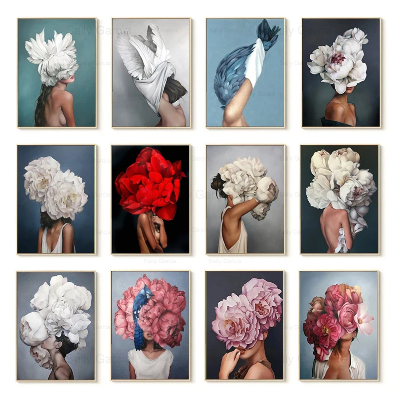 

Женский постер с абстрактными цветами и перьями, настенная живопись, печать на холсте для гостиной, Современный домашний декор, картина