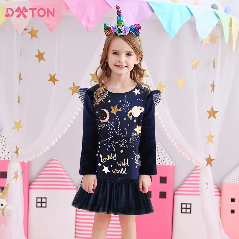 

DXTON Children Casual Cotton Costumes Girls Sequined Appliqued Dress Kids Flare Sleeve Dresses Children Clothing for 3-12 Yrs