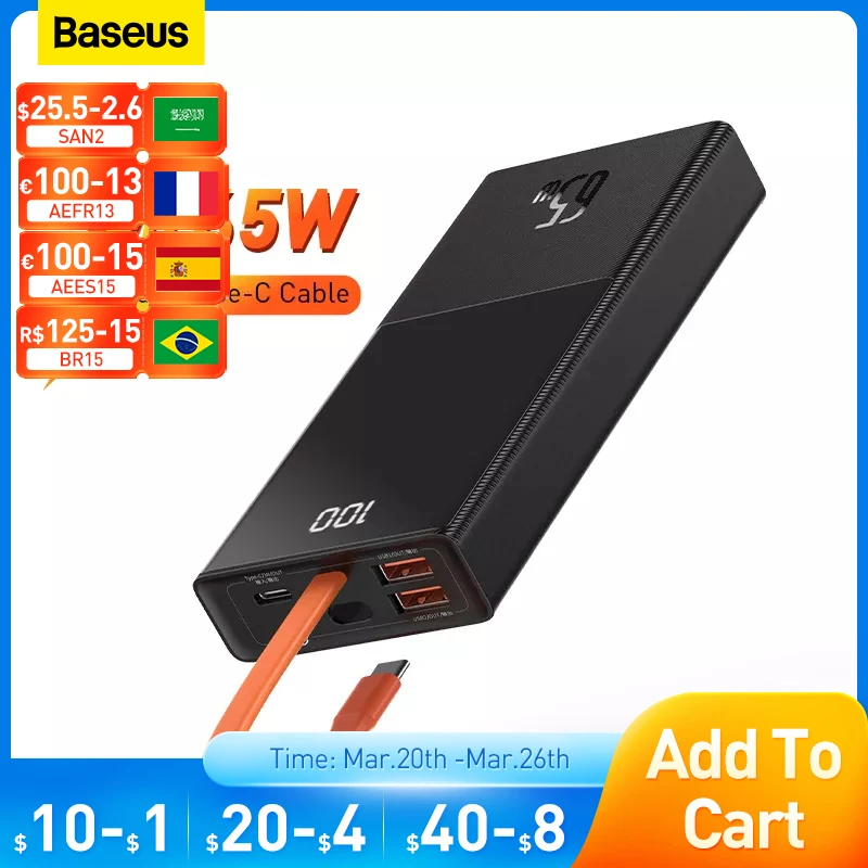 

Baseus Power Bank 20000 мАч PD 65 Вт Быстрая зарядка портативный аккумулятор встроенный кабель повербанк для iPhone 12 Pro Xiaomi Huawei ноутбука