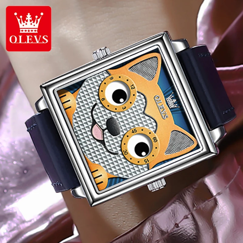 

OLEVS Original Brand New Cartoon Dog Pattern Dial Watch for Men Waterproof Leather Strap Fashion Quartz Wristwatch Reloj Hombre