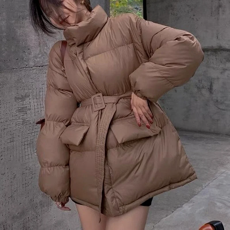 Winter Coat Ladies Parker Coat Shiny Surface Warmth Thick Thick Cotton Casual Loose Women's Jacket Ladies Belted Jacket 2022 New