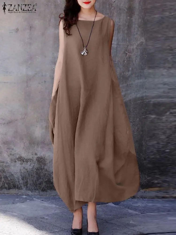 

2023 ZANZEA модное праздничное однотонное мешковатое женское платье без рукавов с круглым вырезом винтажное свободное Vestidos халат оверсайз элегантное платье макси