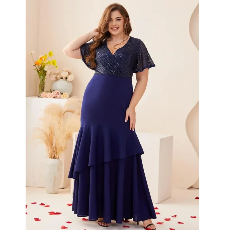 Summer Plus Size 4XL5XL Royal Blue Sequin Short Sleeve V Neck Dress Elegant Luxury Party Maxi Fishtail Dresses 2023 Plus Size