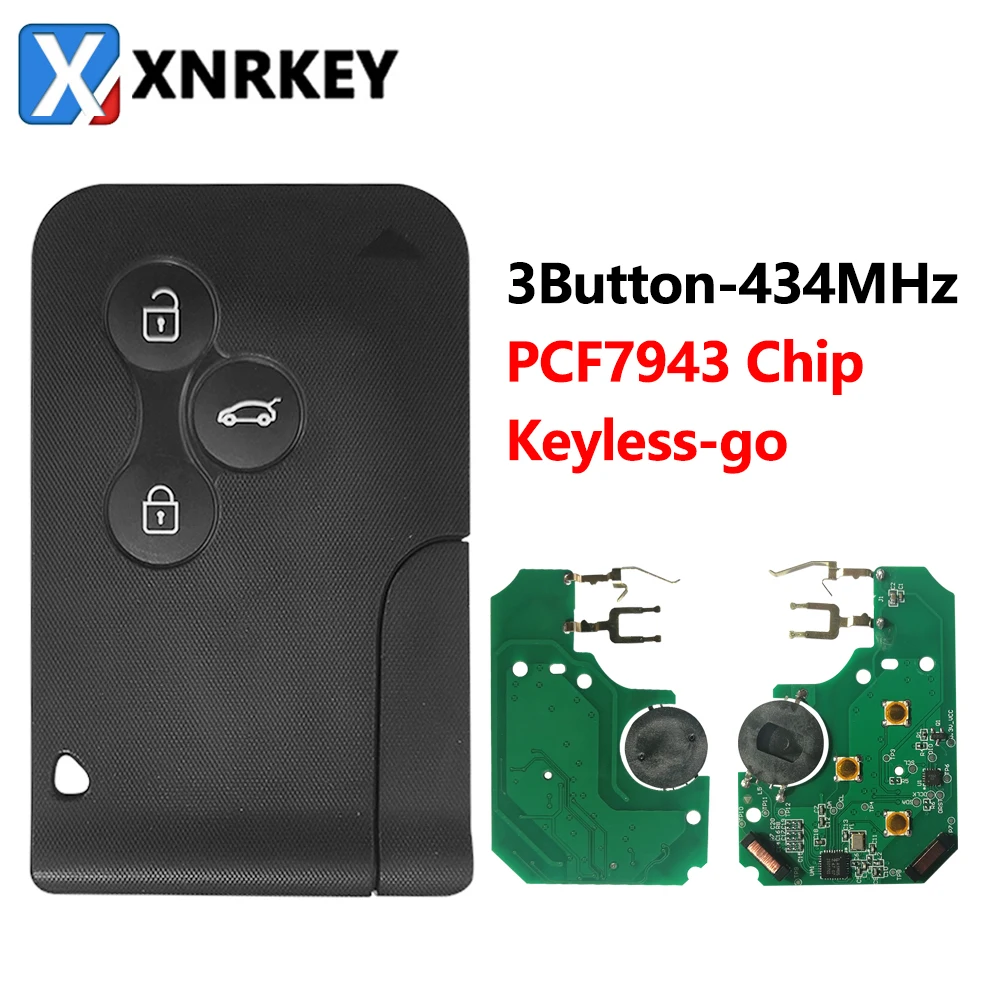 

XNRKEY 3 Button Smart Card Remote Key PCF7943 Chip 434Mhz for Renault Megane Keyless Go Smart Car Key Without Logo Without Words