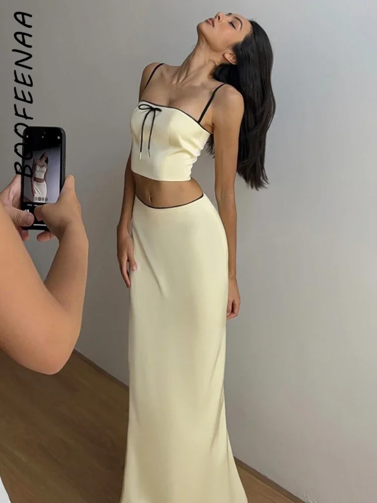 BOOFEENAA атласный комплект из двух предметов короткий топ и юбка макси сексуальные