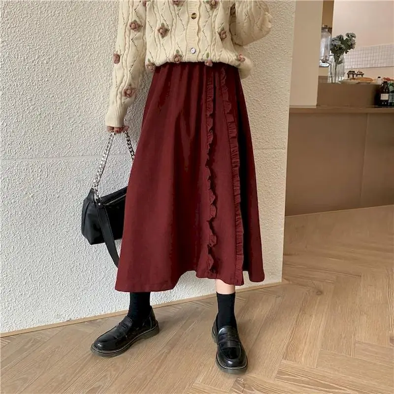 Винно-красная Вельветовая юбка-пачка с краями грибка 2022 весна-осень Новая