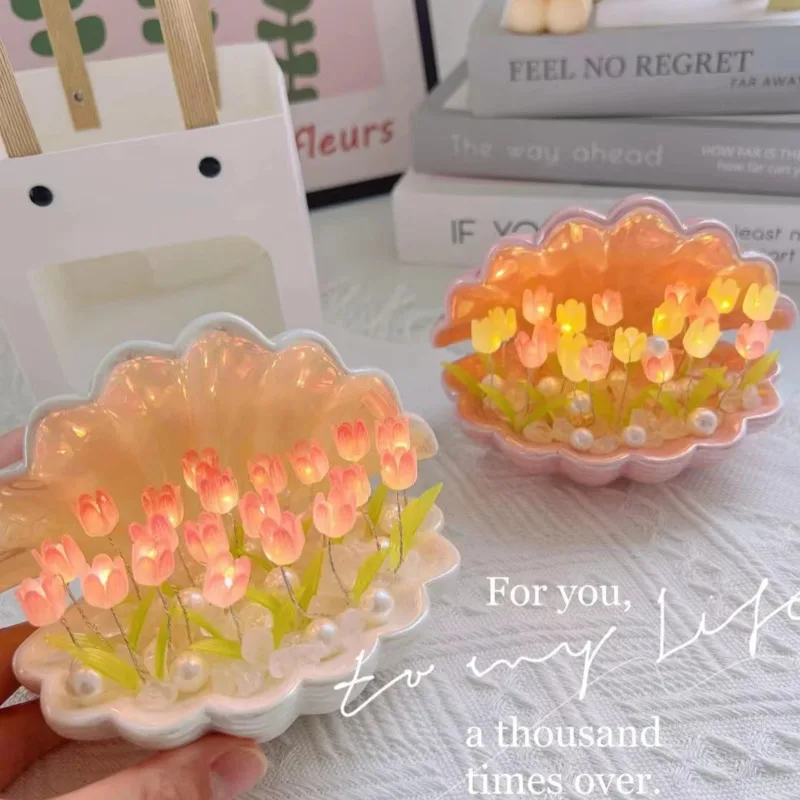 

DIY Simulation Tulip LED Nightlight Shell Handmade Bedside Light Artificial Flower Sleep Table Lamp Girls Birthday Party Gifts