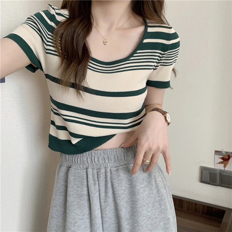 

Classic Vintage Striped T-shirts Women New Summer Hotsweet Slim U-neck Short Sleeve Cropped Tops