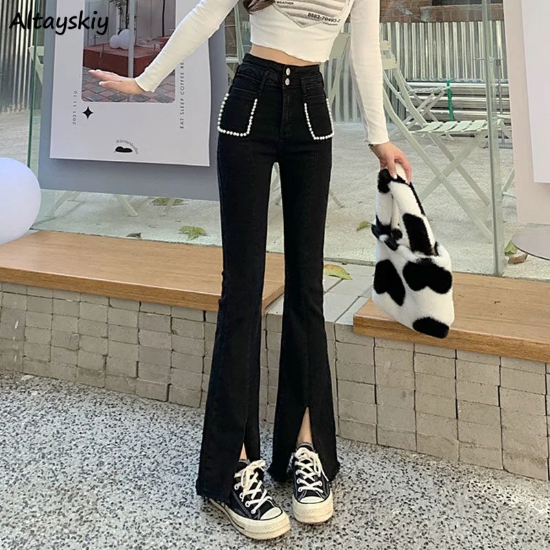 

Flare Slit Jeans Women High Waist Hotsweet Skinny Fashion Pearls Design Elegant Casual Korean Style Spring Streetwear All-match