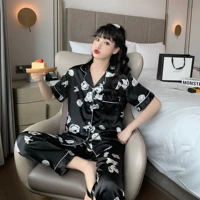 disney mickey mouse women satin pajamas set short sleeve top and pants silk night shirt female casual comfortable home suits