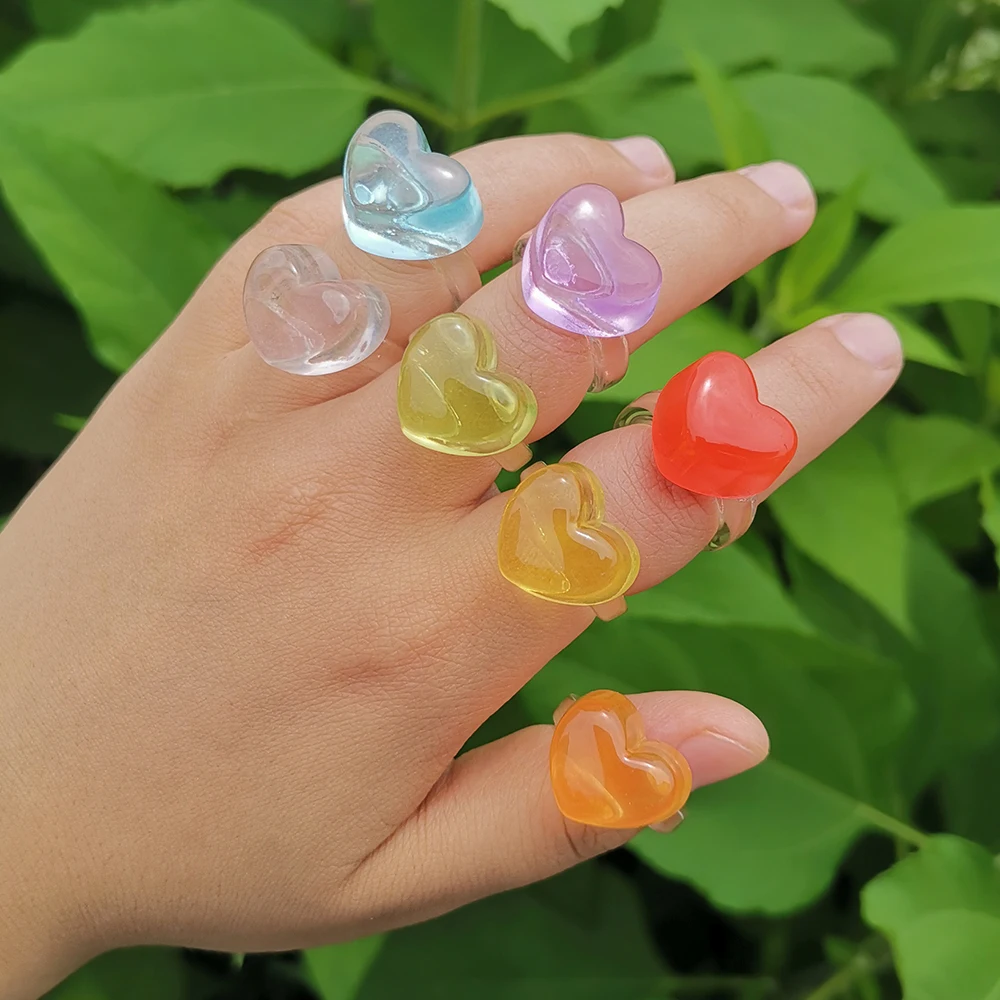 

New Cute Sweet Geometric Heart Rainbow Colorful Transparent Resin Acrylic Ring For Women Girls Summer Party Chic Jewelry Gifts