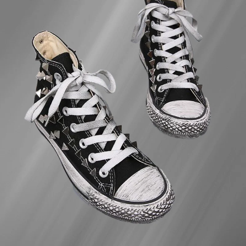 

Black high-top triangle rivet canvas shoes dirty and old hip-hop walking comfortable handmade rivet vulcanized shoes 35-46