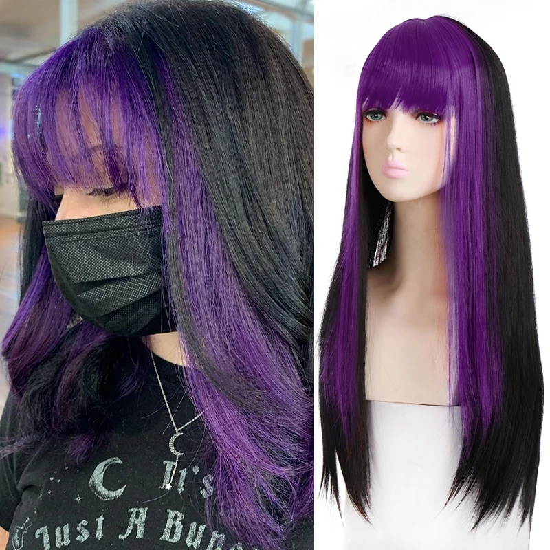 MANWEI Synthetic Wig Double Temple With Bangs Dye Long Black Straight Hair Cosplay Wig Red Blue Pink Multi-Color