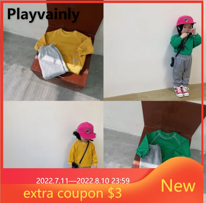 

Осенний комплект из 2 предметов для маленьких девочек и мальчиков, желтая зеленая толстовка с круглым вырезом и длинными рукавами + брюки, мо...