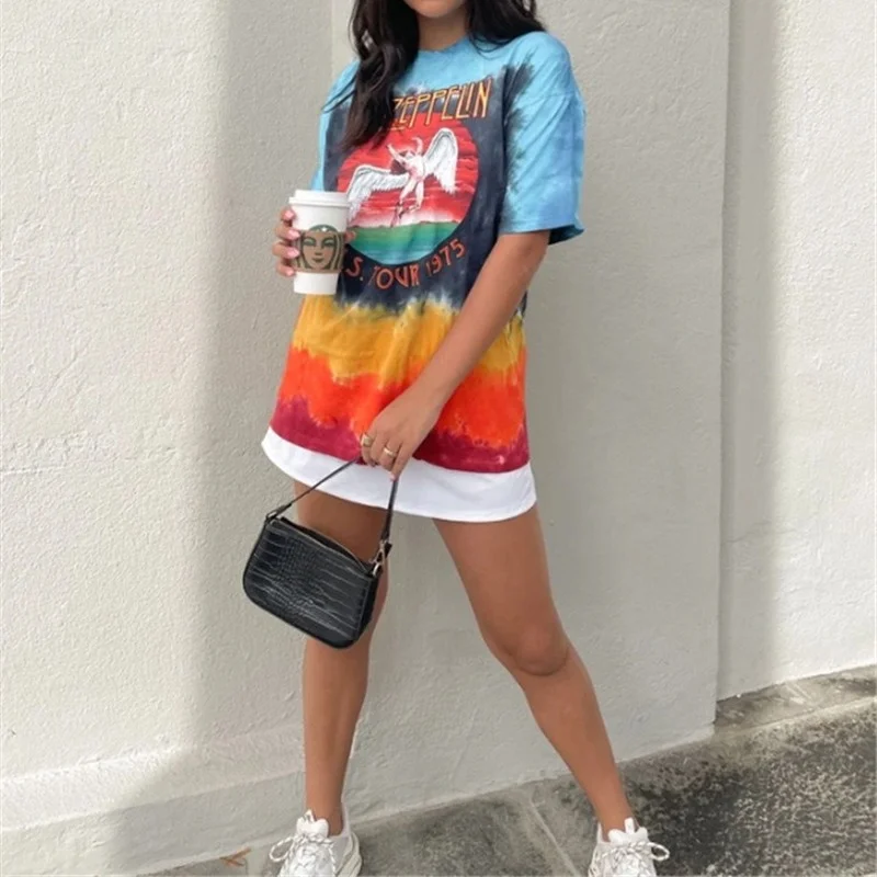 

Women Summer Fashion Casual T-shirt Loose Plus Size Tops All-match Commute Tees Tie-dye Angel Print Short Sleeve O-neck Pullover