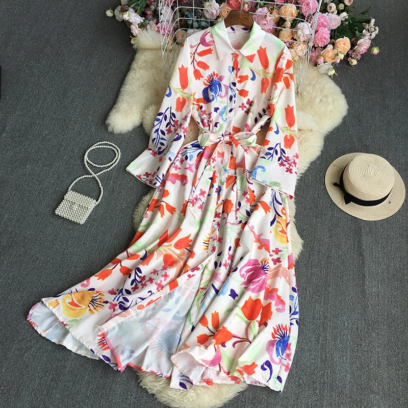 

SuperAen 2022 Spring/Autumn Turn Down Collar Full Shirt Printing Straight Casual Ankle-Length Dresses Women