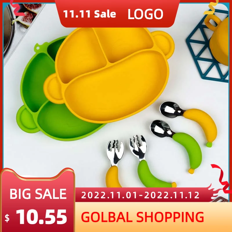 

Набор детской посуды, пищевые силиконовые тарелки, ложка, вилка, присоска, разделенные противоскользящие столовые приборы для детей, обеден...