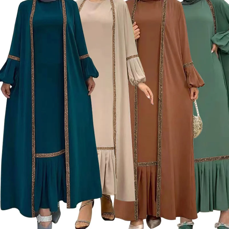 Muslim Middle East Women Vintage Dress Two Piece Set Long Sleeves Coat Sequins Cardigan And Dress Pleat Bottom Gowns Dubai Abaya