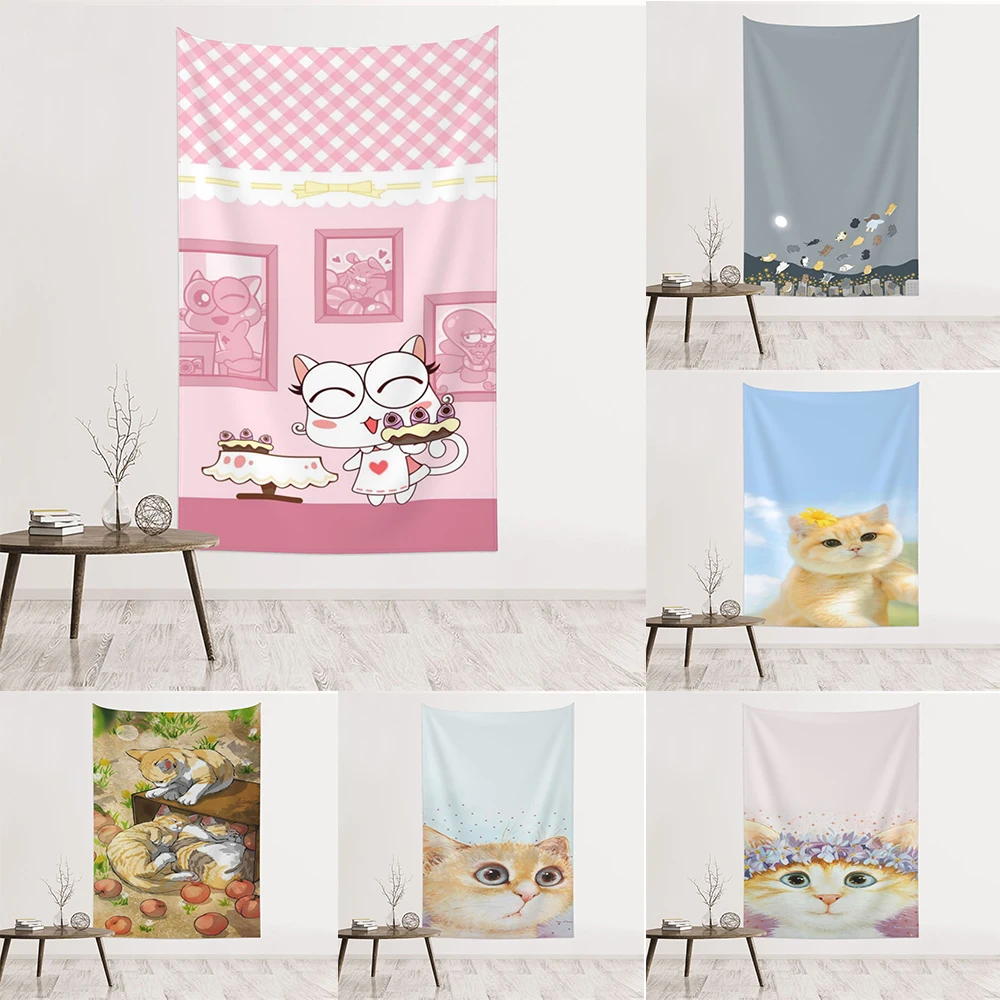 

Cute Cat Cowan Background Cloth Print Witchcraft Hippie Wall Hanging Boho Wall Tapestry Anime Aesthetics Wall Decor Home Hanging