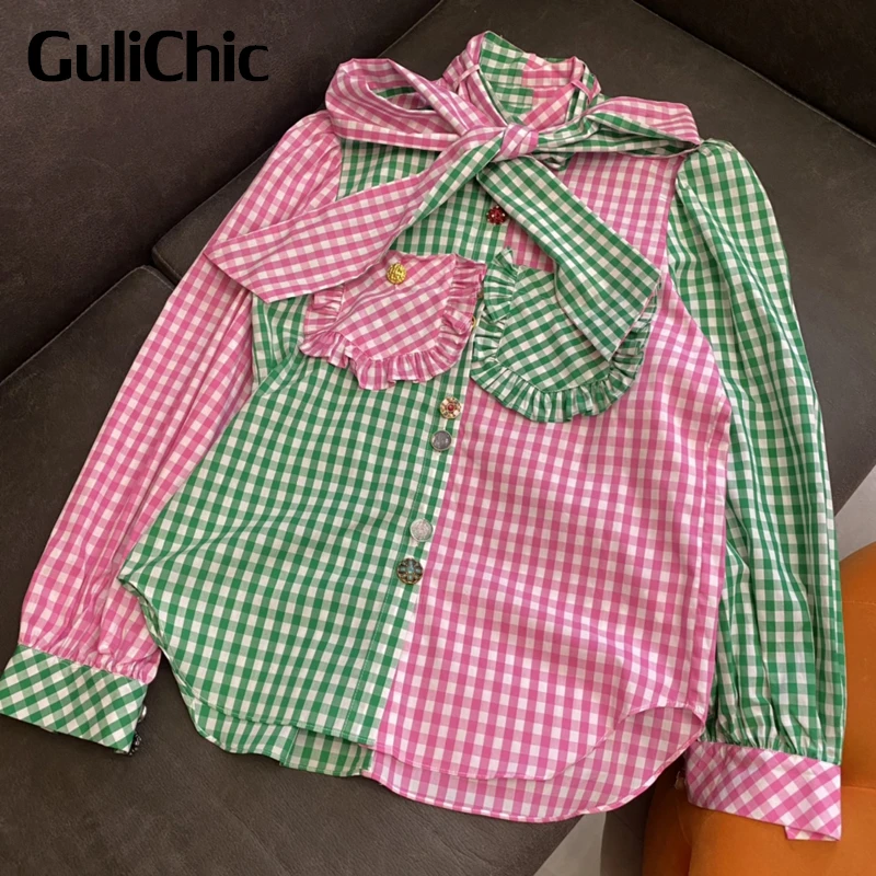 

3.30 GuliChic High Street Cotton Casual Puff Sleeve Plaid Contrast Color Bow Loose Shirt Blouse Women