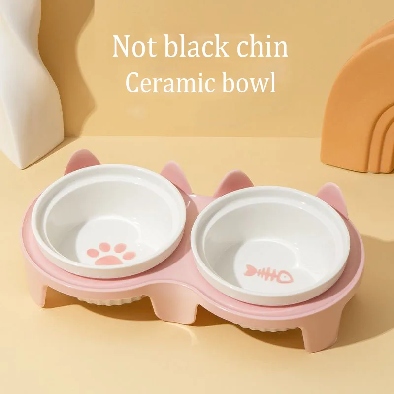 

Cat bowl Ceramic cat food bowl Cat bowl pet bowl diagonal protection cervical vertebra anti-upset two bowls drink and feed one