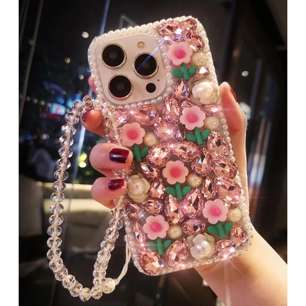 

Чехол для телефона со стразами, жемчужинами и цветами для IPhone 15 14 Pro Max 13 12 Mini 11 X XR XS, блестящий кристально-розовый прозрачный чехол с цветами