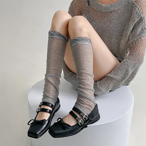 Однотонные гетры, летние сетчатые тонкие дышащие свободные длинные носки, милые гетры для девочек, носки с рюшами в стиле Лолиты, каваи, чулки