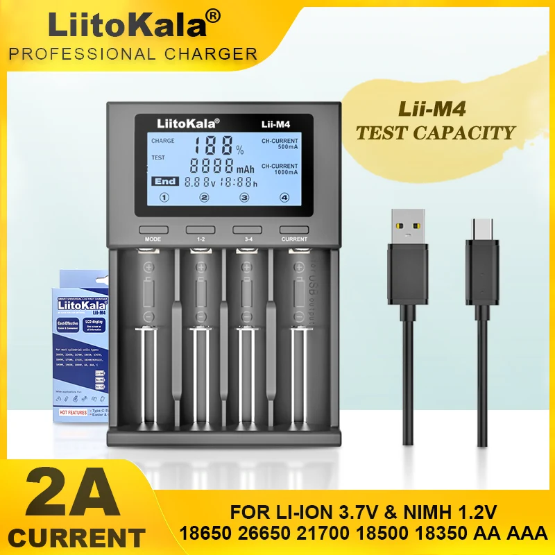 Умное зарядное устройство LiitoKala Lii-M4 LCD 3,7 в 18650 26650 18350 21700 18500 14500 16340 1,2 в AA AAA, 1-5 шт.