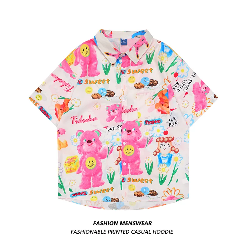 

Oversized 2023 Summer Fashion Cartoon Bear Print Joker Loose Casual Shirt for Male Female Students