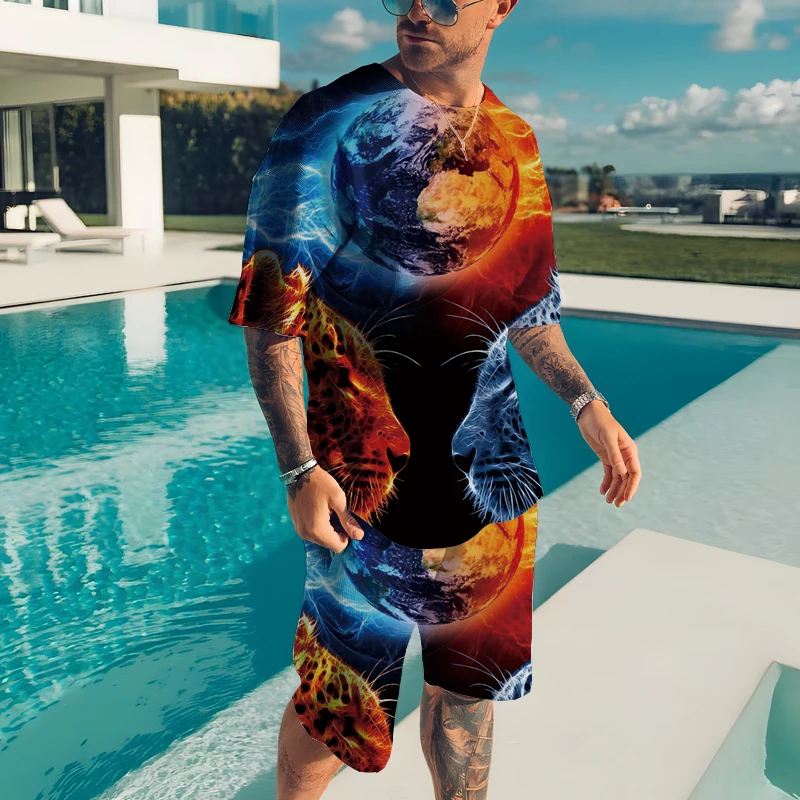 Men's T-shirt Set 3D Animal Print Oversized T-shirt Shorts Men's Casual Suit Sportswear T-shirt Top Summer Men's Clothing Set