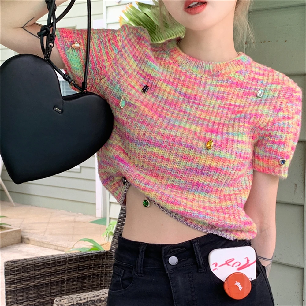 

HziriP Rainbow Colorful Knitwear Women Sweaters Summer 2022 Chic Pullovers Gentle Loose OL Fashion Casual Short Sleeves Jumpers