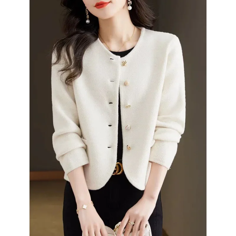 Твидовый стильный женский осенне-зимний вязаный кардиган укороченный