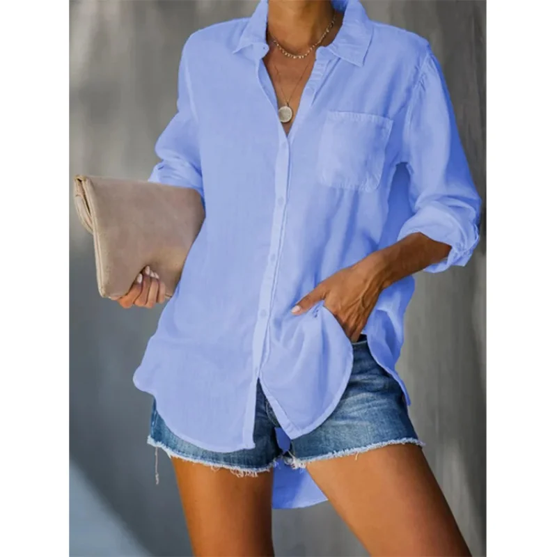 

Casual Loose White Ladies Shirts Elegant Solid Office Cotton Blouse Woman 2023 Summer Button Up Female Shirt Tops Blusas 25442