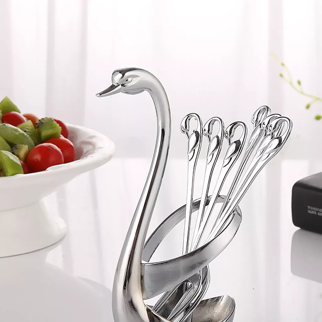 

Stainless Steel Fruit Fork & Spoon Swan Base Coffee teaspoon Cutlery Set with 3pcs fork 3pcs spoon