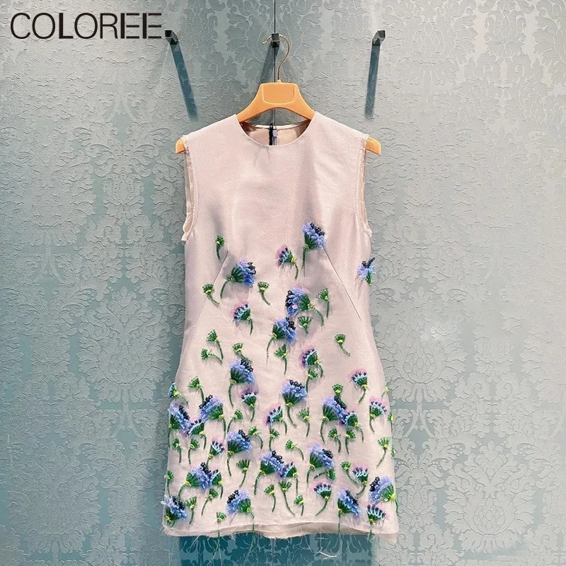 

Luxury Sequined Floral Embroidery Dresses for Women Runway Designers Elegant O-neck Sleeveless A-line Mini Dress Summer Clothes