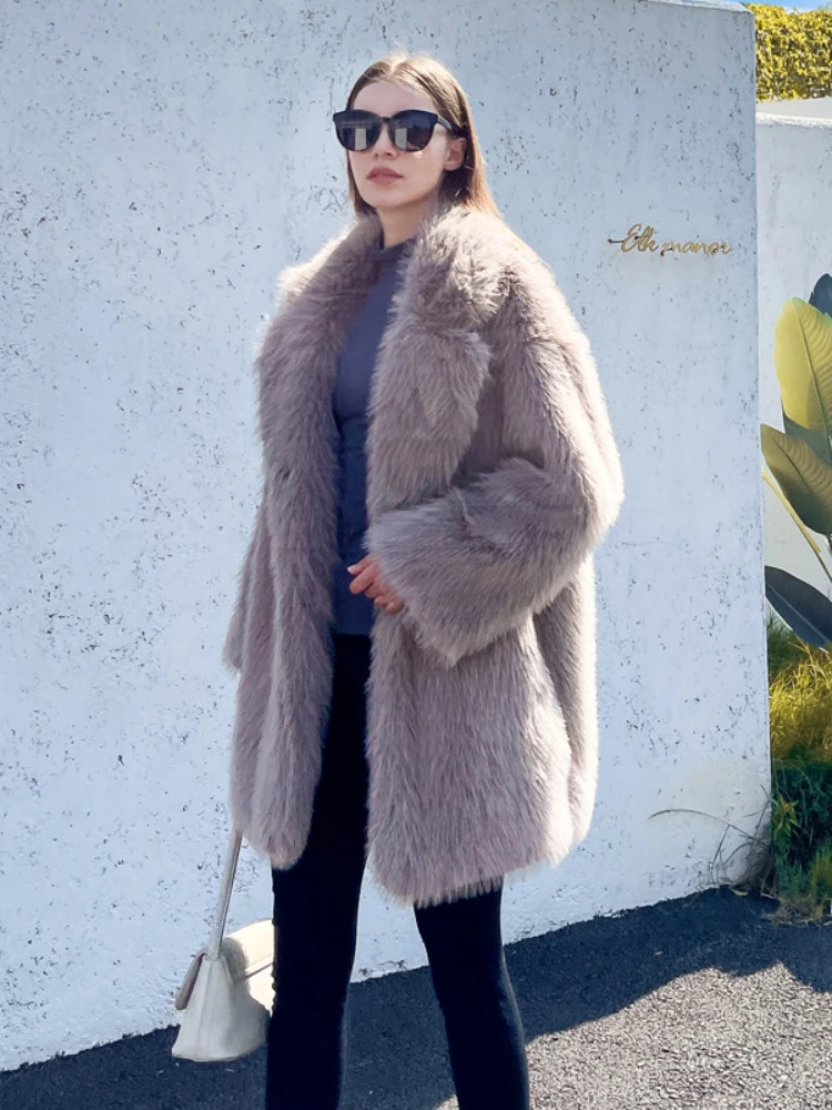 Fashion Suit Collar Loose Faux Fur Mid-length Coat Women 2022 Winter Elegant Furry Fur Outwear Casual High Street Teddy Coats