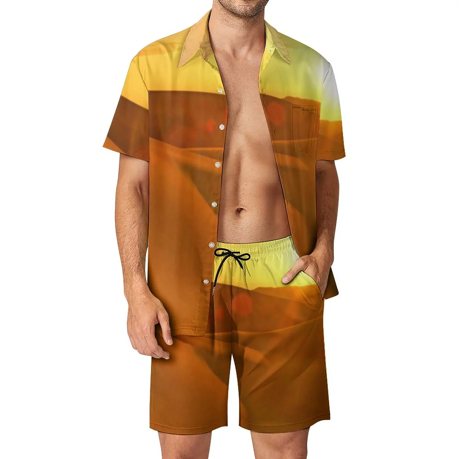 

Gold Desert Fitness Outdoor Men Sets Sand Dune Sunset Casual Shirt Set Summer Design Shorts Two-piece Fashion Suit Big Size