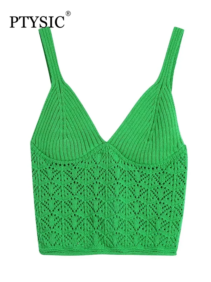 

PTYSIC Женские повседневные с зеленой вышивкой без бретелек трикотажные укороченные топы на бретельках 2022 летние милые женские майки с открыт...