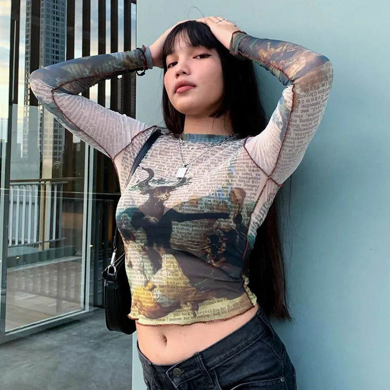 

European and American autumn new round neck pullover stitching long-sleeved printed navel casual women's top graphic tee tops